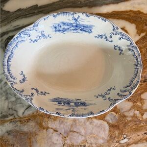 Antique Ridgway blue delft oval bowl with windmill motif. Collectors treasure.